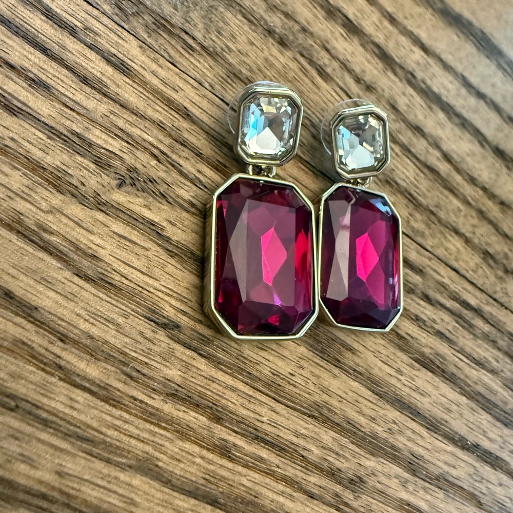 J. Crew Gold-Tone Drop Earrings with Fuchsia and Clear Stones - Picture 3 of 4